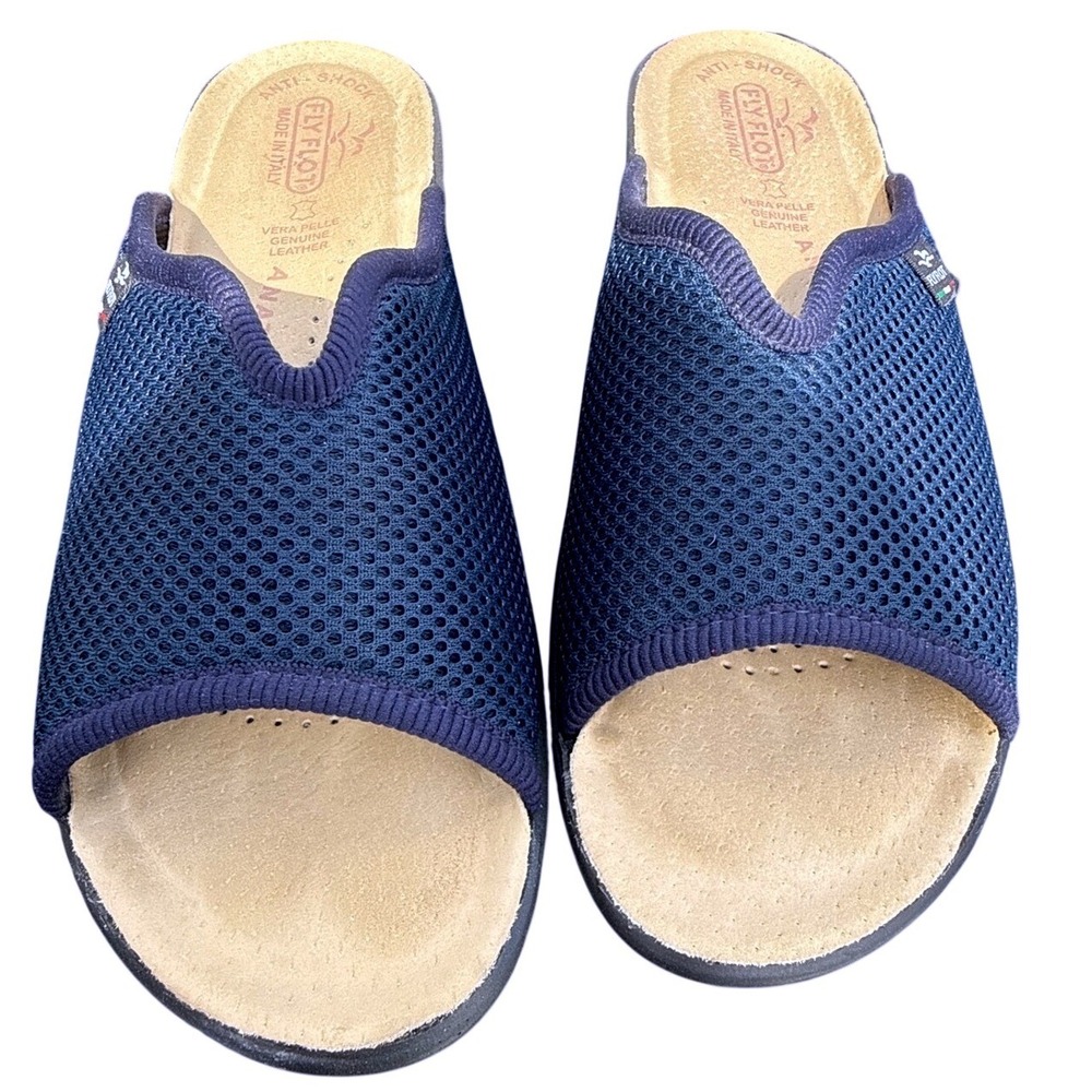 Fly‎ Flot Navy Blue Mesh Slide Sandals Women 39 Made in Italy Leather Anti-Shock